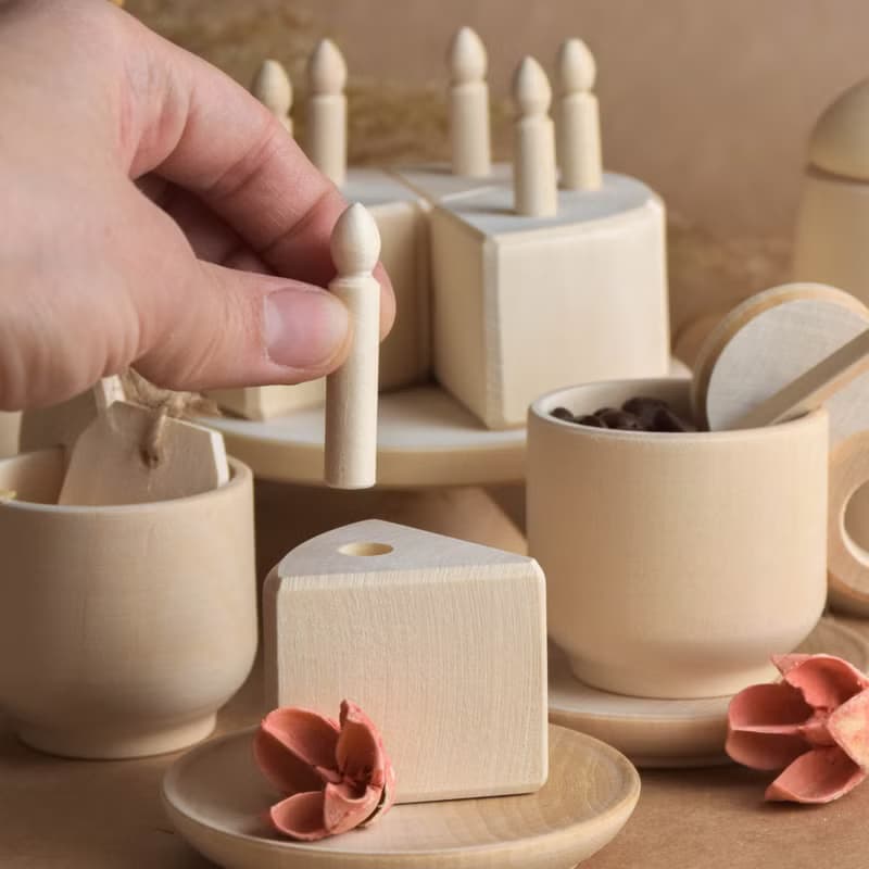 Wooden Tea Set Toy Set with Cake with Candles for Wooden Play Kitchen Toy