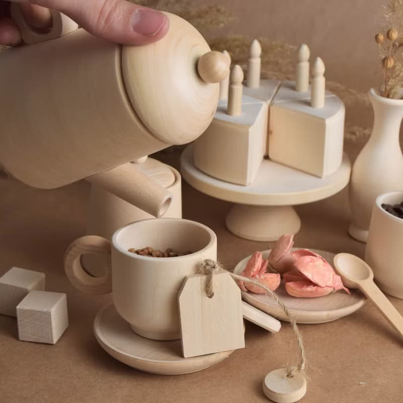 Wooden Tea Set Toy Set with Cake with Candles for Wooden Play Kitchen Toy