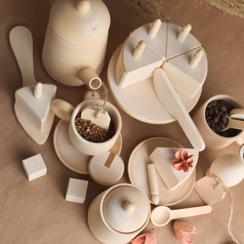 Wooden Tea Set Toy Set with Cake with Candles for Wooden Play Kitchen Toy