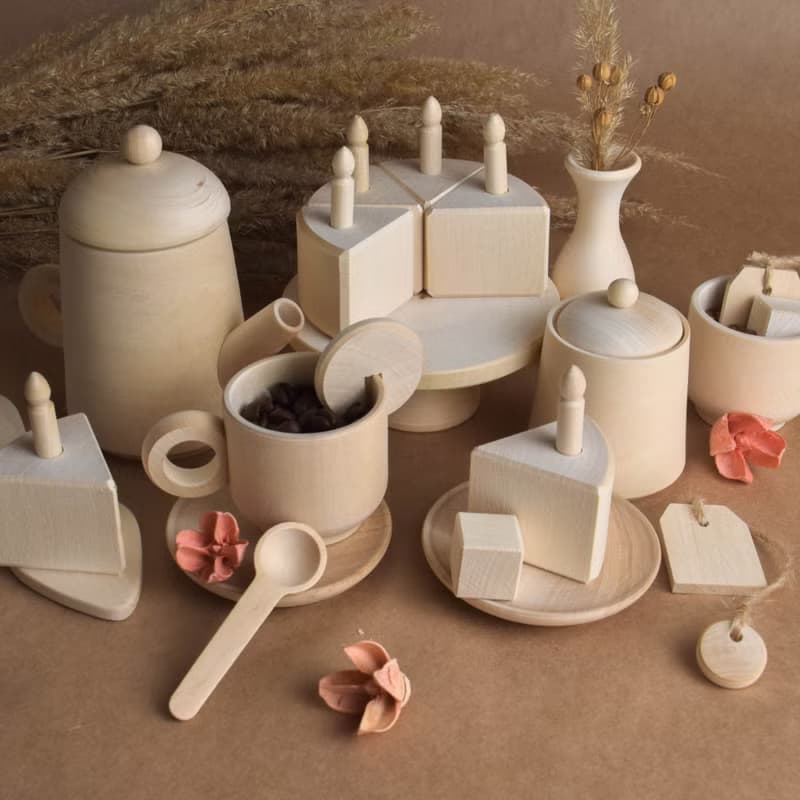 Wooden Tea Set Toy Set with Cake with Candles for Wooden Play Kitchen Toy
