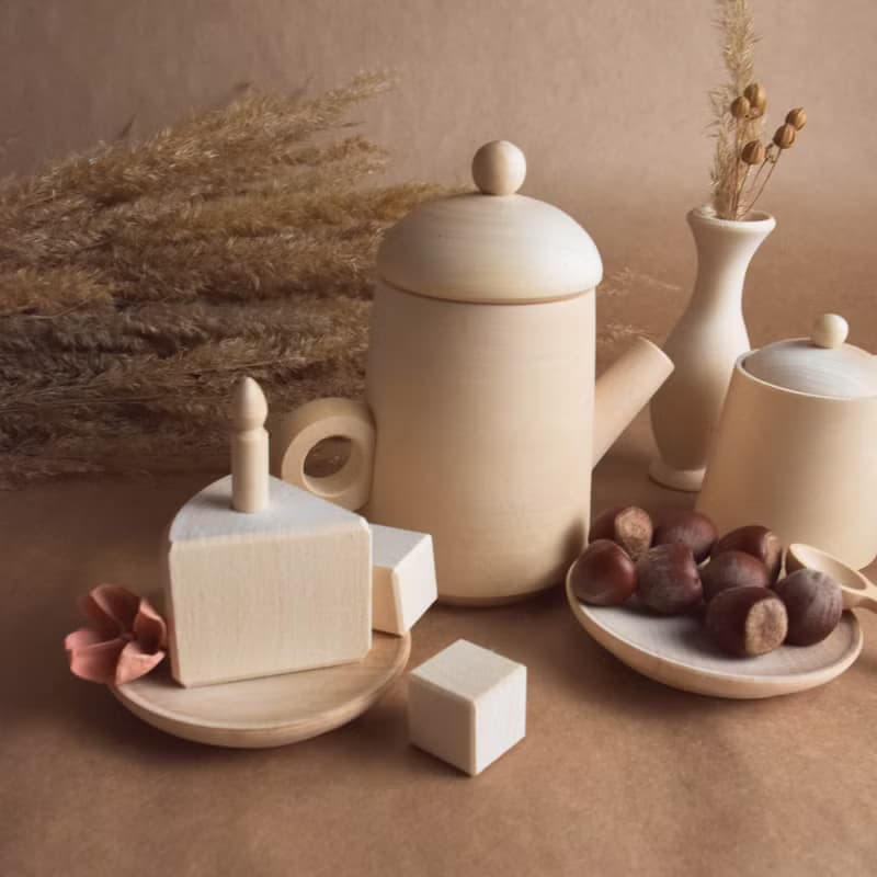 Wooden Tea Set Toy Set with Cake with Candles for Wooden Play Kitchen Toy
