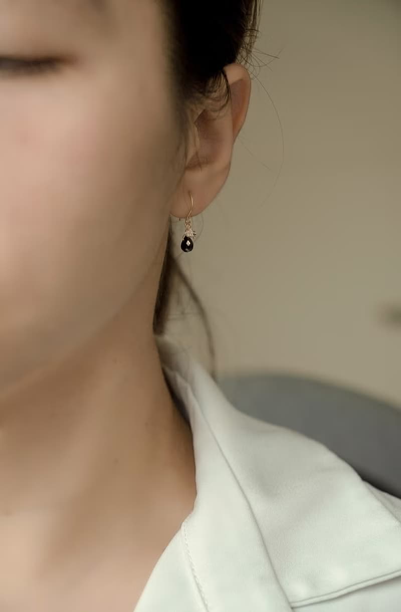 SV925/ 14KGF AAA黑曜石&赫基默鑽石耳環(耳夾)Obsidian Herkimer