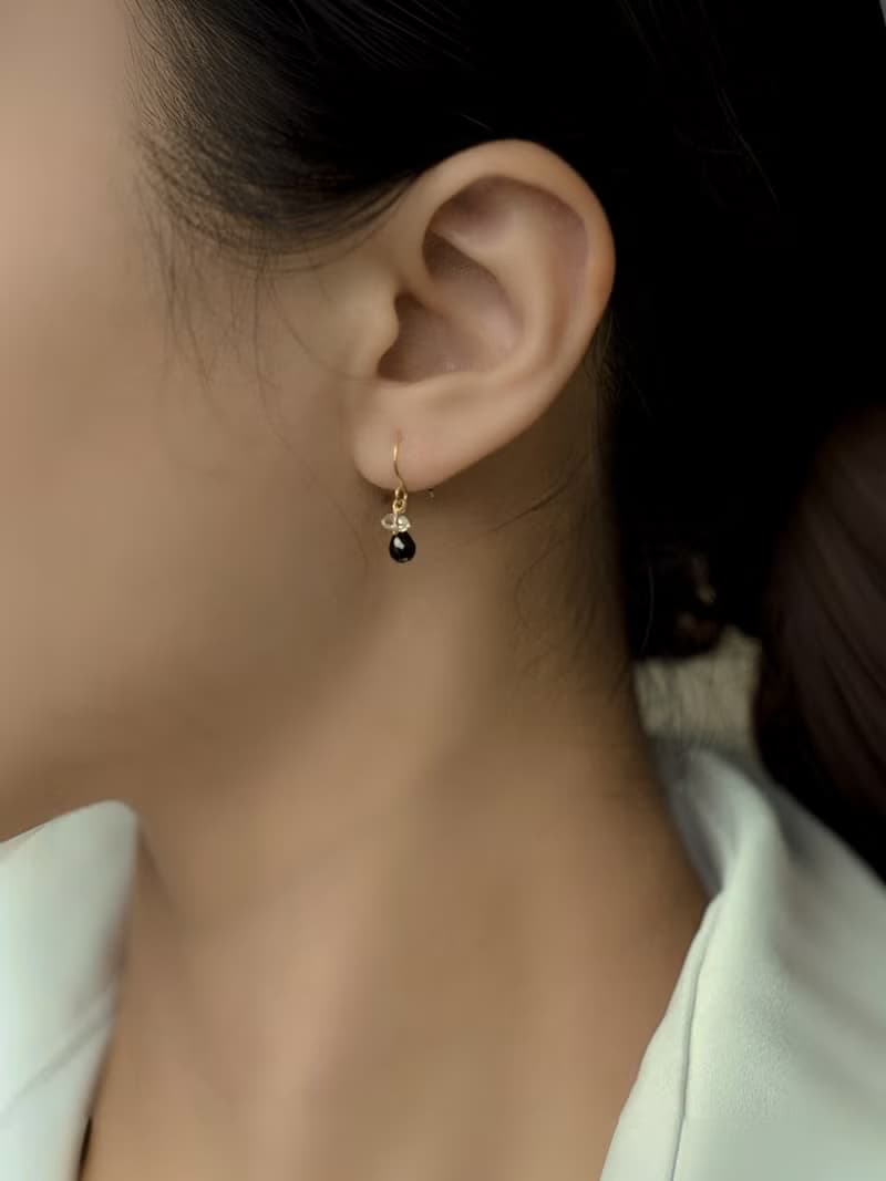 SV925/ 14KGF AAA黑曜石&赫基默鑽石耳環(耳夾)Obsidian Herkimer