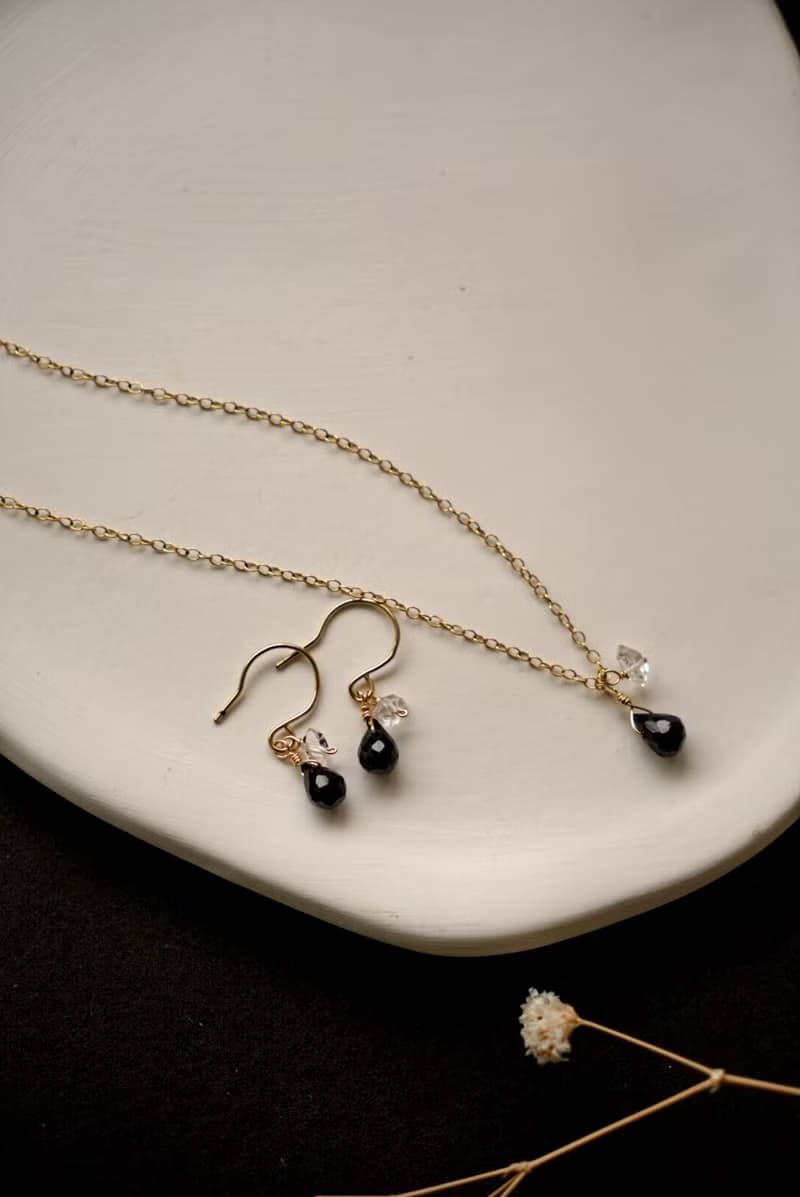 SV925/ 14KGF AAA黑曜石&赫基默鑽石耳環(耳夾)Obsidian Herkimer
