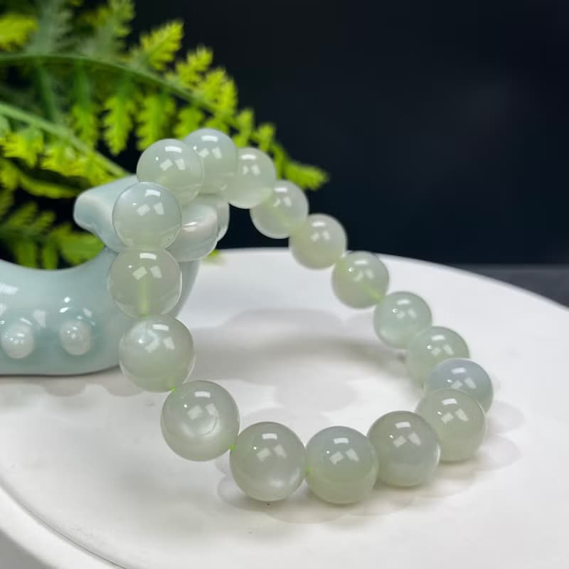 精品天然綠月光石手串綠體白月光水晶手錬男女飾品顆顆貓眼12mm