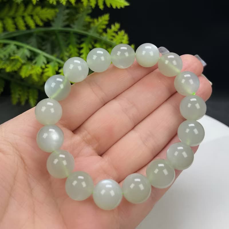 精品天然綠月光石手串綠體白月光水晶手錬男女飾品顆顆貓眼12mm