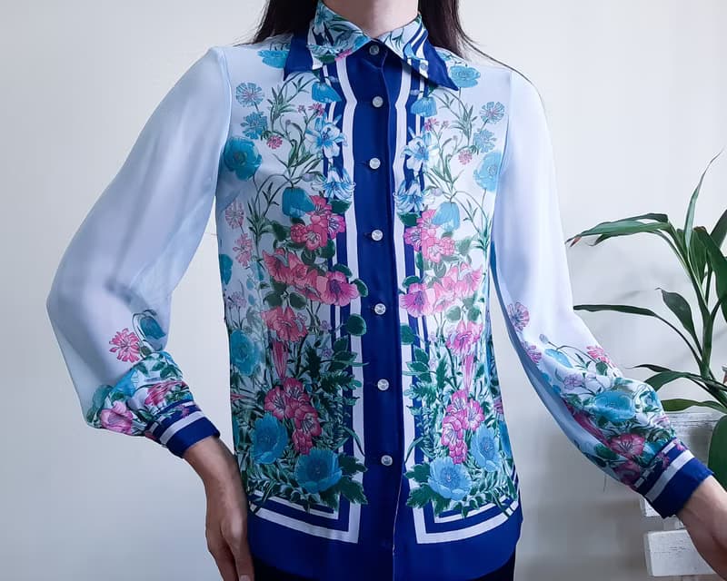 復古 70 年代 80 年代圍巾印花襯衫藍色粉紅色花卉雪紡襯衫 X 碼