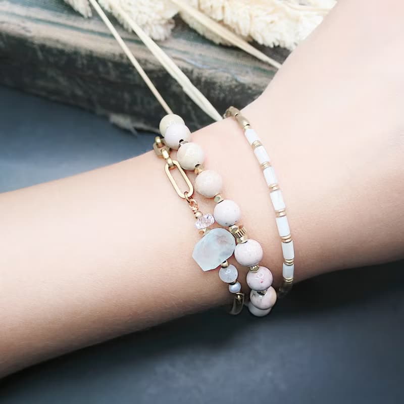 VIIART。淺潭。珍珠月光海藍寶水晶黃銅手鍊 | 原創天然石手鏈