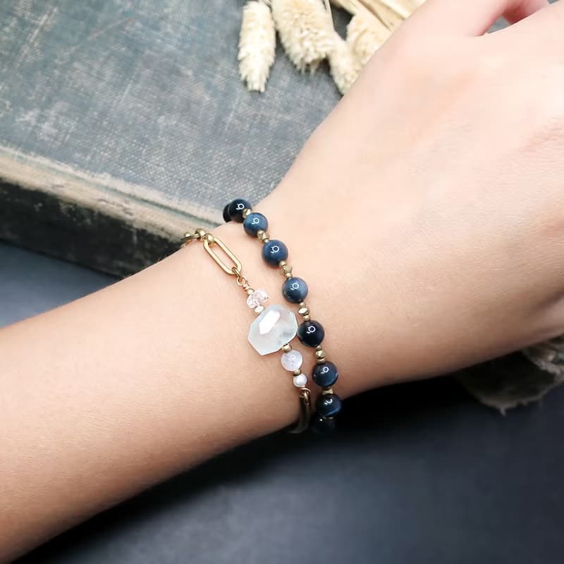 VIIART。淺潭。珍珠月光海藍寶水晶黃銅手鍊 | 原創天然石手鏈