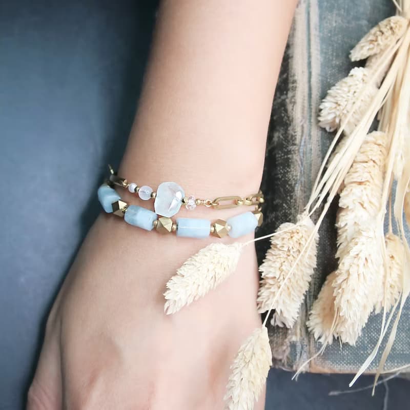 VIIART。淺潭。珍珠月光海藍寶水晶黃銅手鍊 | 原創天然石手鏈