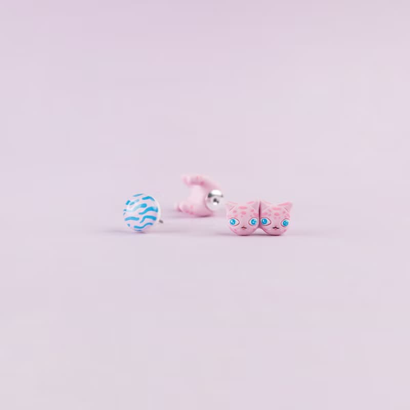 Double-Headed Pink Tiger Earrings - Cute Jewelry for Cat Lovers - Handmade Art