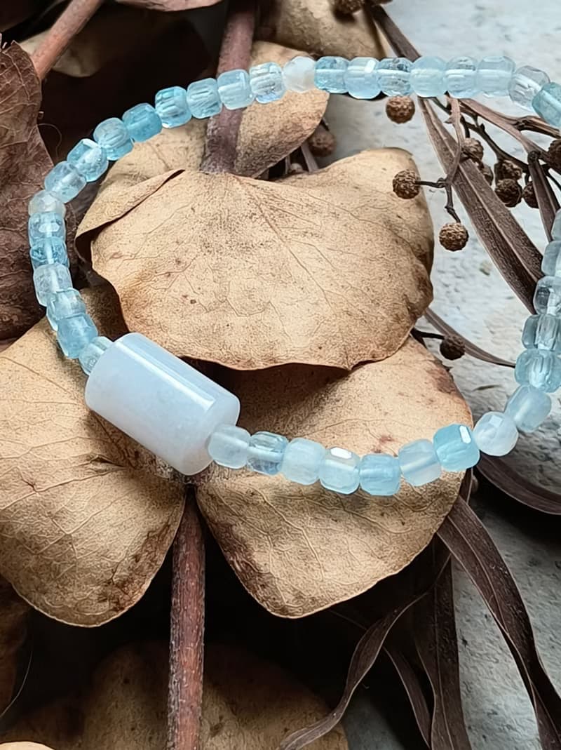 生日禮物 情人禮物 緬甸紫羅蘭翡翠刻面海藍寶串珠手鍊 81502