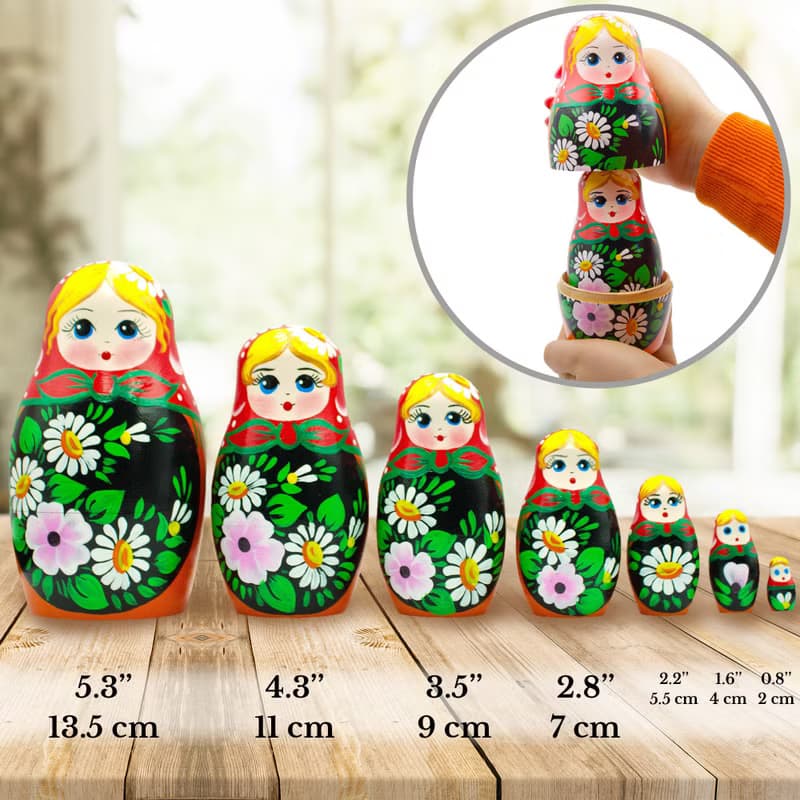 Russian Dolls - Matryoshka Doll with Hand Painted Bouquet of Lily and Daisy