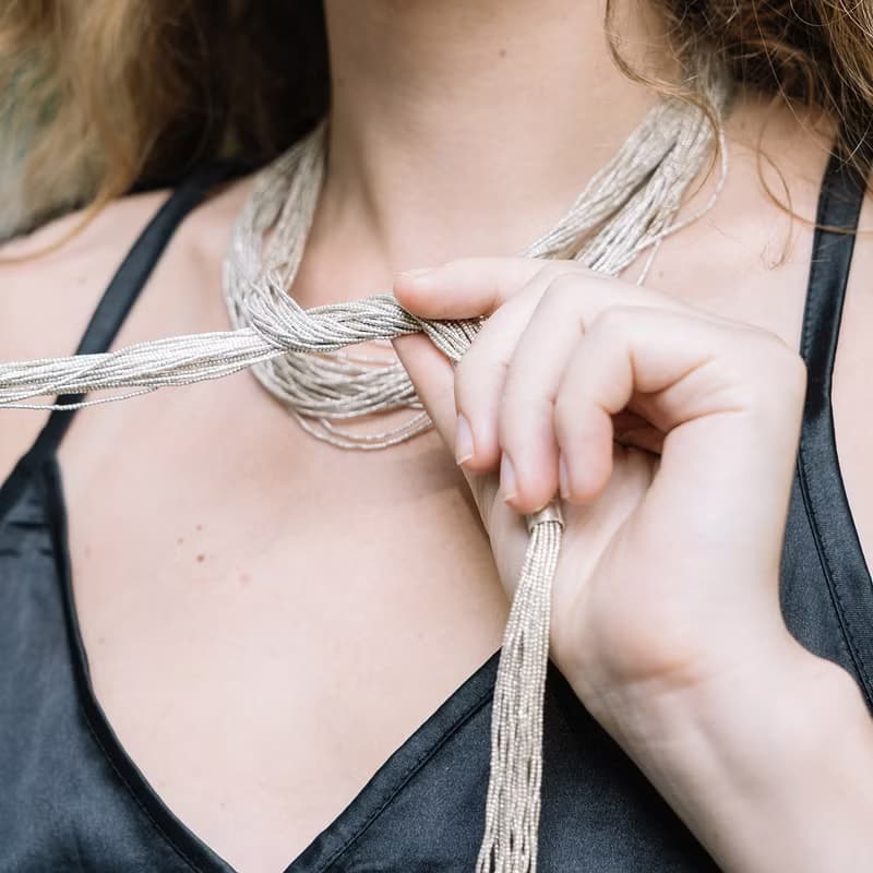 Multi-strand wraparound necklace/bracelet in handmade silver beads (N0115)