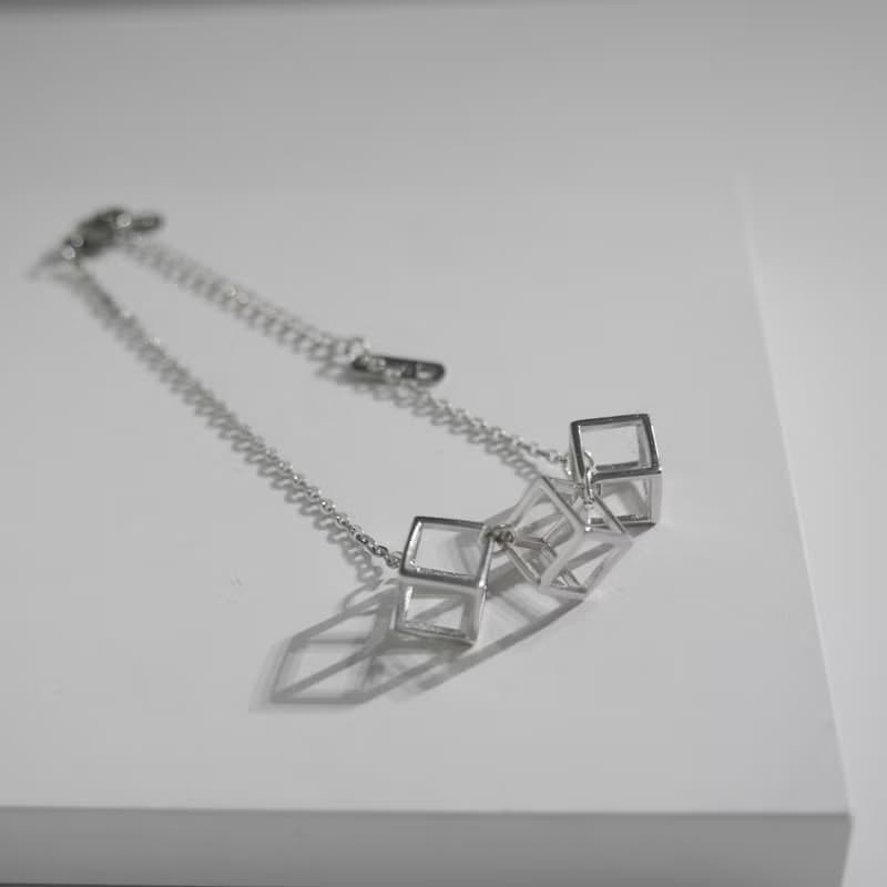 925純銀3D 簡約立方體吊咀手鍊手鏈 定情紀念日禮物