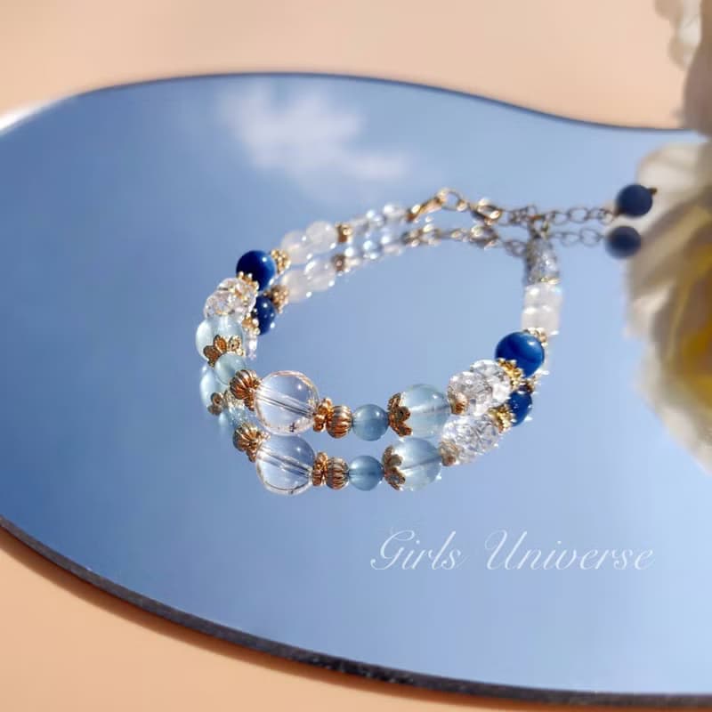 琉璃。濫觴 海水藍寶 白水晶 藍晶石 14K包金 水晶礦石設計手鍊