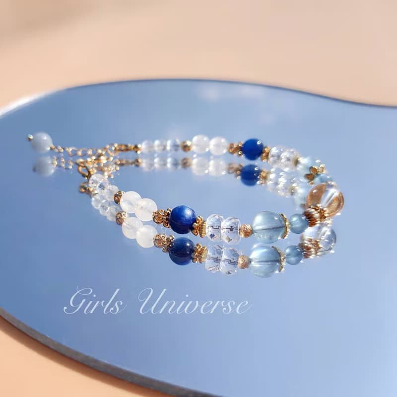 琉璃。濫觴 海水藍寶 白水晶 藍晶石 14K包金 水晶礦石設計手鍊