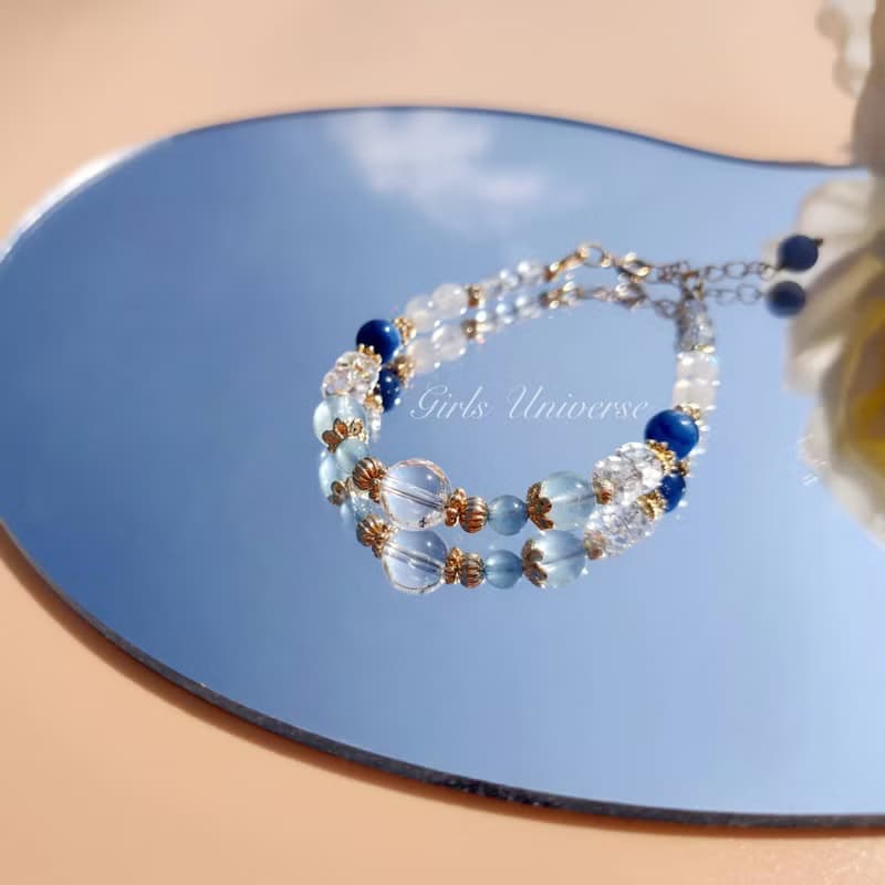 琉璃。濫觴 海水藍寶 白水晶 藍晶石 14K包金 水晶礦石設計手鍊