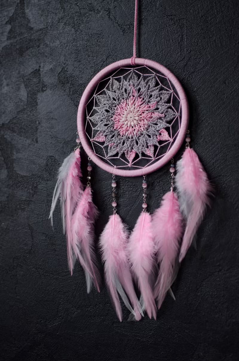 Pink gray mandala dreamcatcher | pink crochet doily dream catcher  มันดาลา