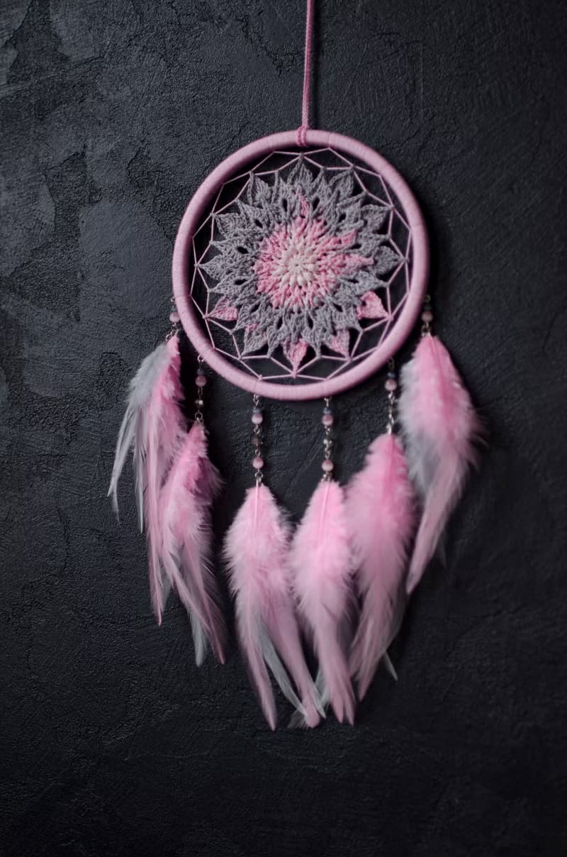 Pink gray mandala dreamcatcher | pink crochet doily dream catcher  มันดาลา