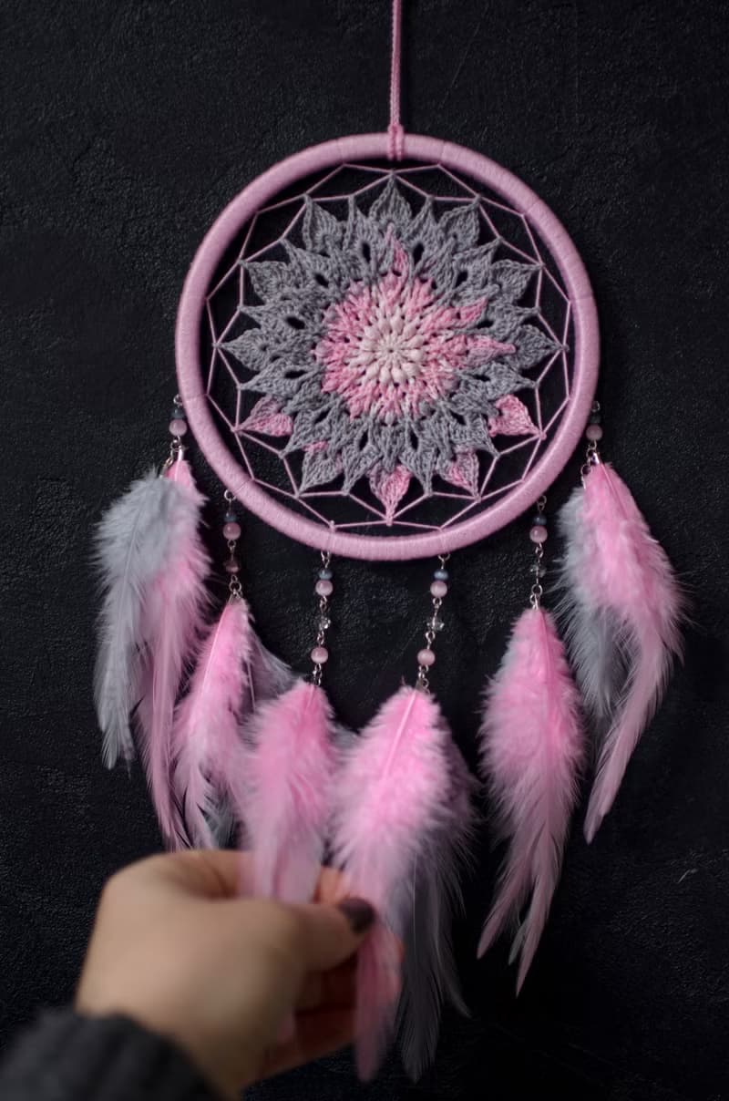 Pink gray mandala dreamcatcher | pink crochet doily dream catcher  มันดาลา