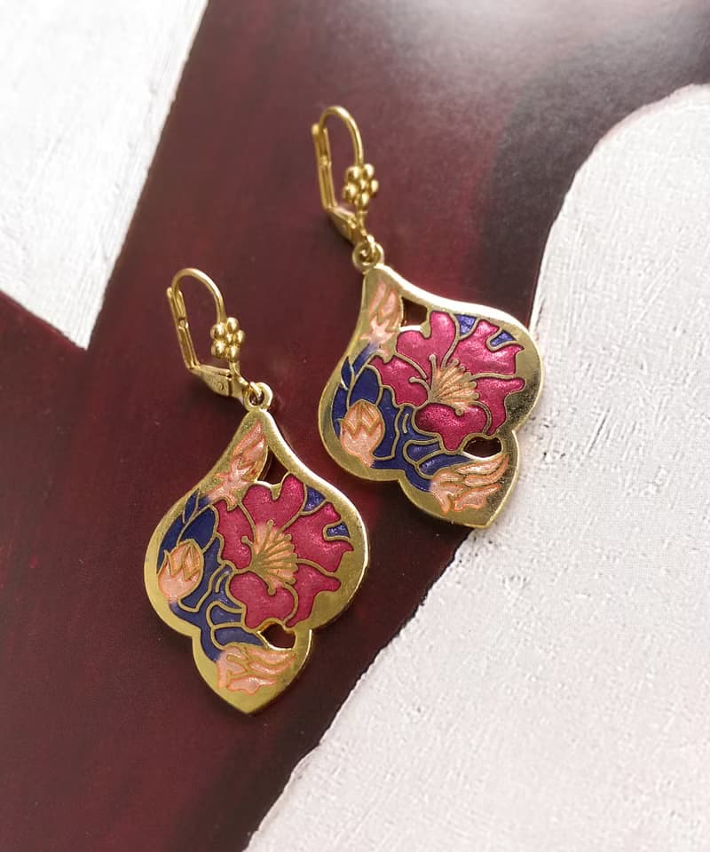 Vintage Jewelry 西洋古董飾品 景泰藍 花形 紫紅花卉 針式耳環
