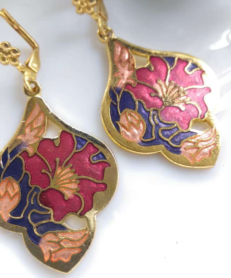 Vintage Jewelry 西洋古董飾品 景泰藍 花形 紫紅花卉 針式耳環