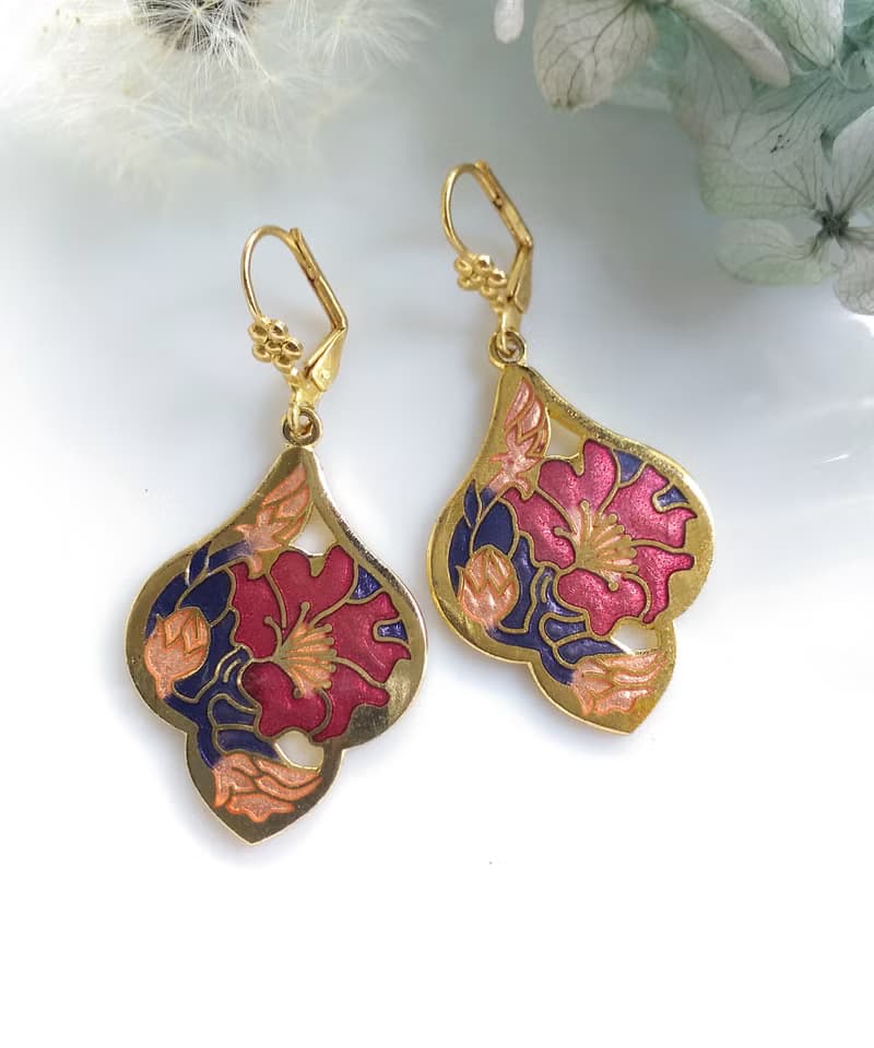 Vintage Jewelry 西洋古董飾品 景泰藍 花形 紫紅花卉 針式耳環