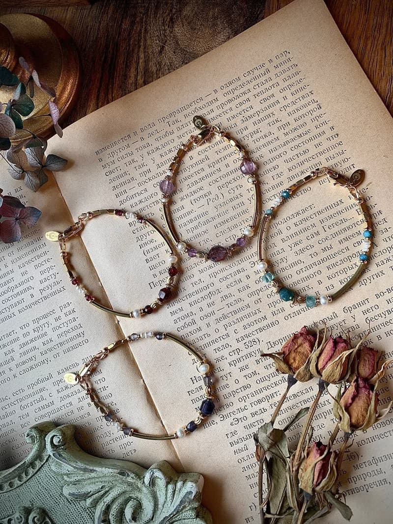 -收藏家-天然水晶手鍊 堇青石 天然淡水珍珠 復古黃銅手鍊