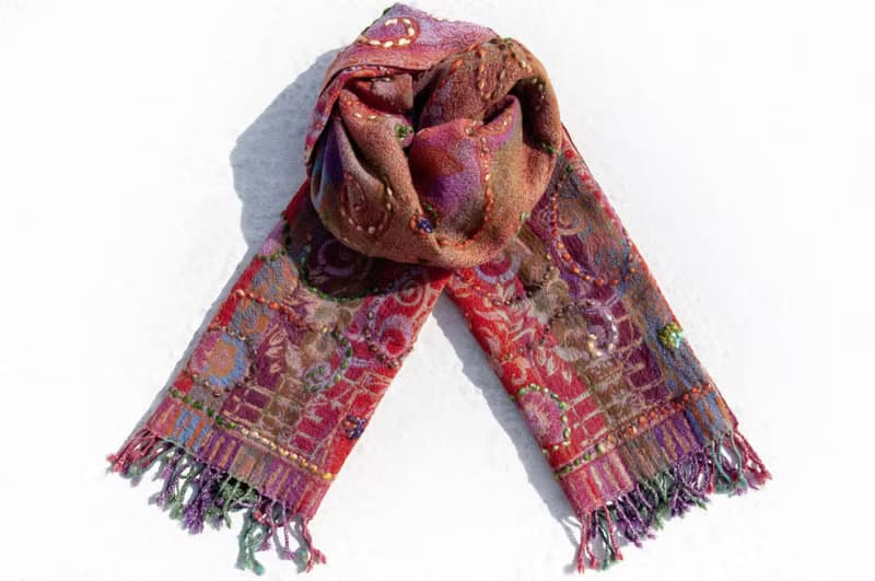 喀什米爾Cashmere/水煮羊毛披肩/針織圍巾/刺繡圍巾/羊絨披巾-花