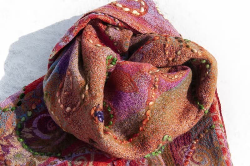 喀什米爾Cashmere/水煮羊毛披肩/針織圍巾/刺繡圍巾/羊絨披巾-花