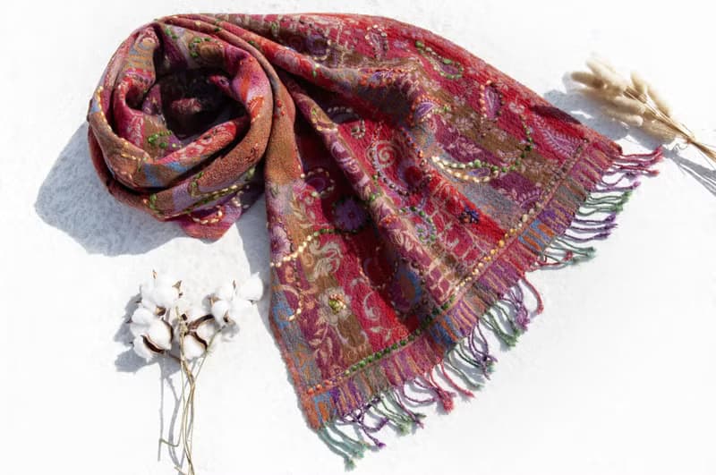 喀什米爾Cashmere/水煮羊毛披肩/針織圍巾/刺繡圍巾/羊絨披巾-花