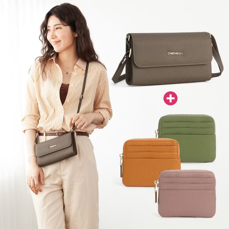 CHENSON 真皮手機包+ 真皮3卡零錢包 包夾二件組(P24545+W00820)