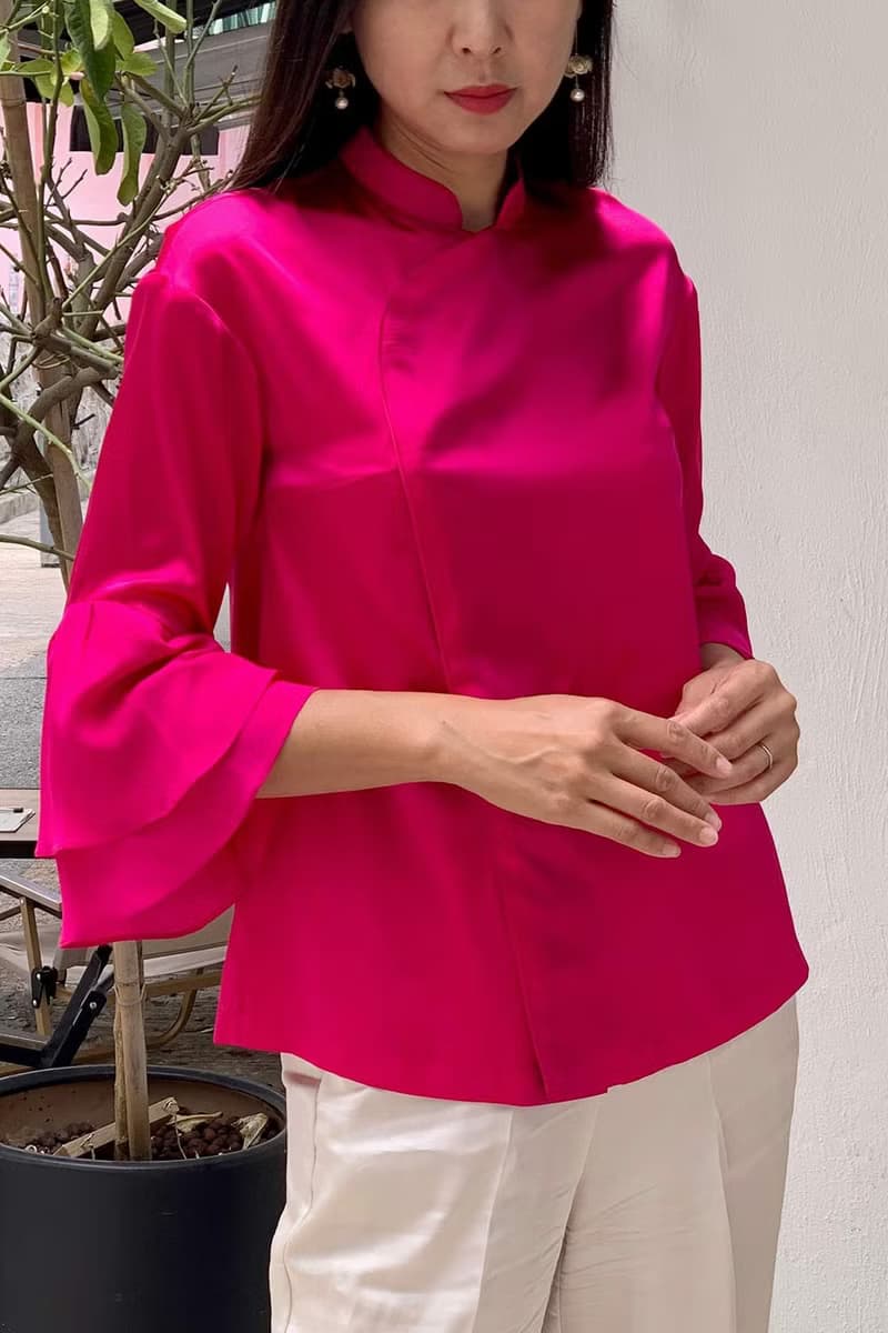 Yi-ming MATILDA 荷葉邊真絲桃紅色襯衫