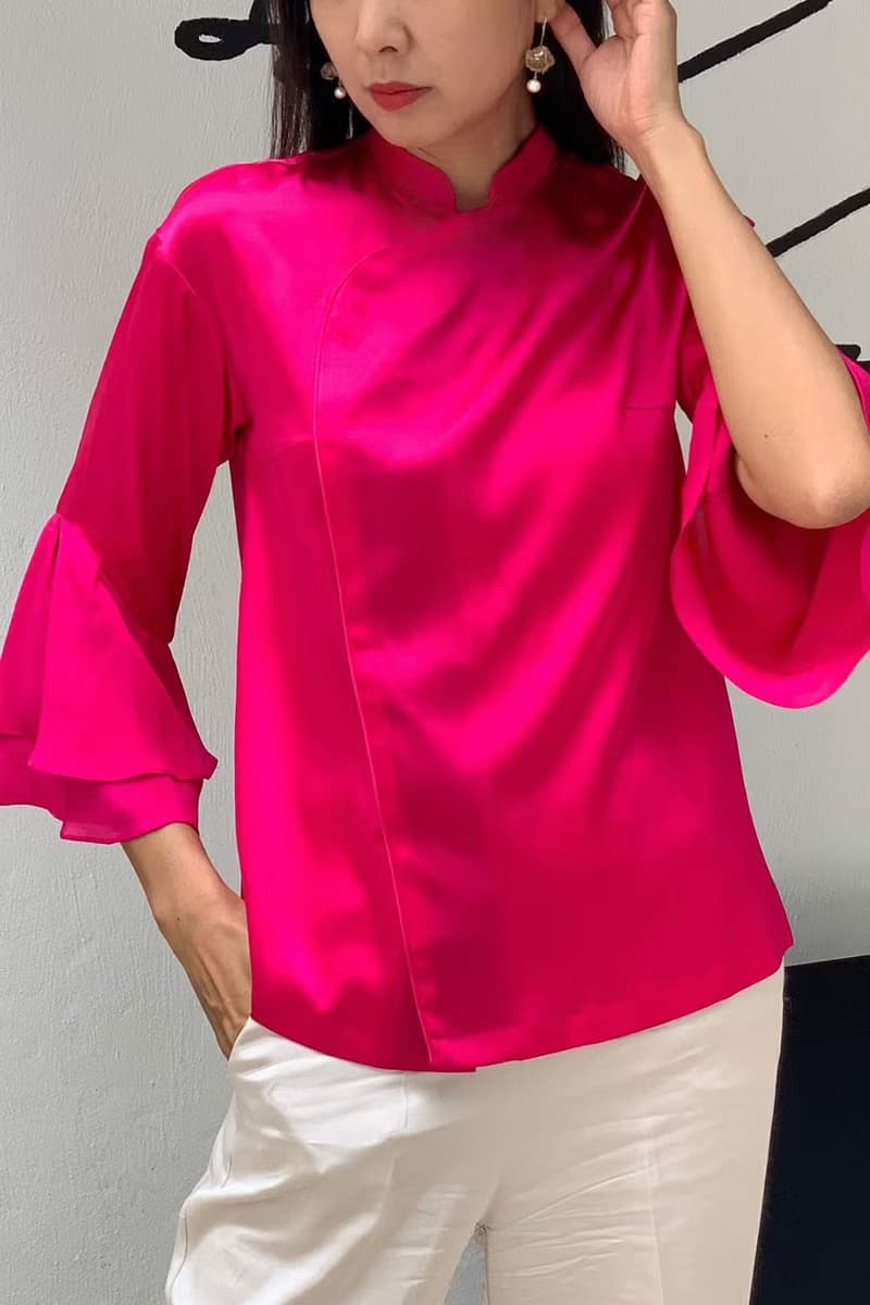 Yi-ming MATILDA 荷葉邊真絲桃紅色襯衫