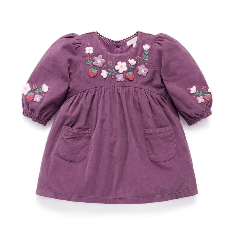 澳洲Purebaby有機棉女童長袖洋裝/童裝裙 12M-5T 紫紅燈芯絨