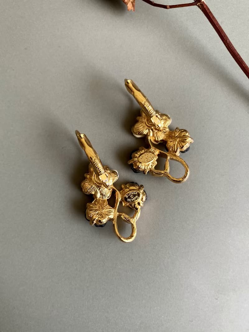 90s 西洋古董 優雅法式 BIJOUX TEMPO黑白花束耳環