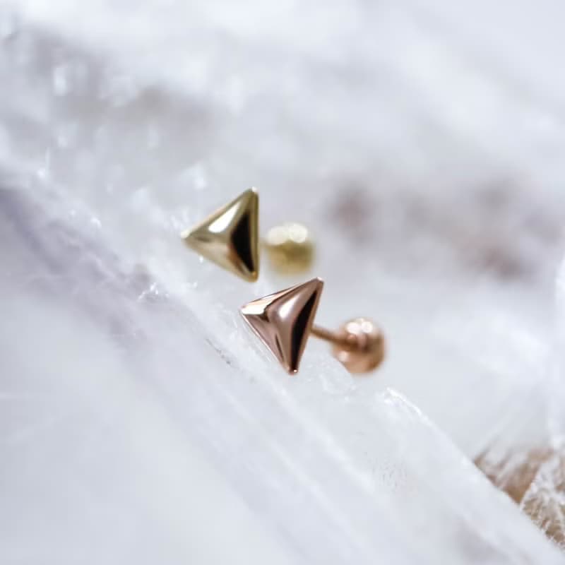 轉珠 14K 黃K金 微澎三角形耳環 鎖珠耳環