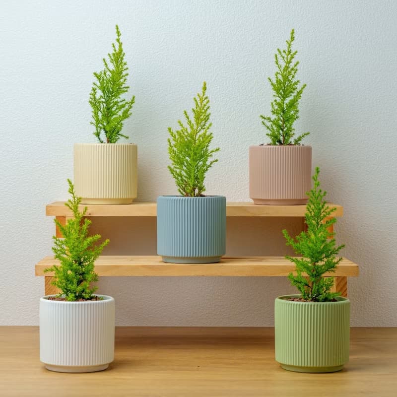 香冠柏植物 莫蘭迪色系直紋陶盆 室內植物 觀葉植物 禮物 盆栽