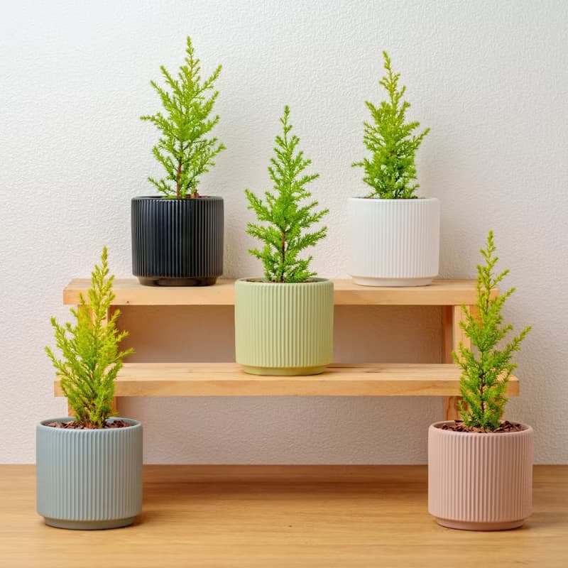 香冠柏植物 莫蘭迪色系直紋陶盆 室內植物 觀葉植物 禮物 盆栽