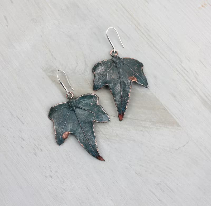 Artisan Ivy copper earrings, plant lover gift idea, silver plated, blue patina