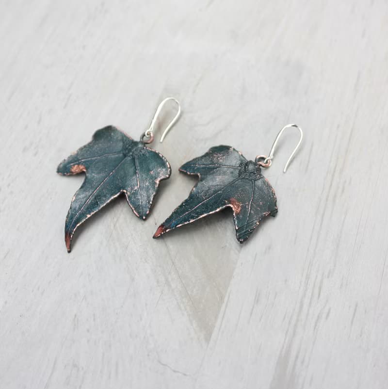 Artisan Ivy copper earrings, plant lover gift idea, silver plated, blue patina