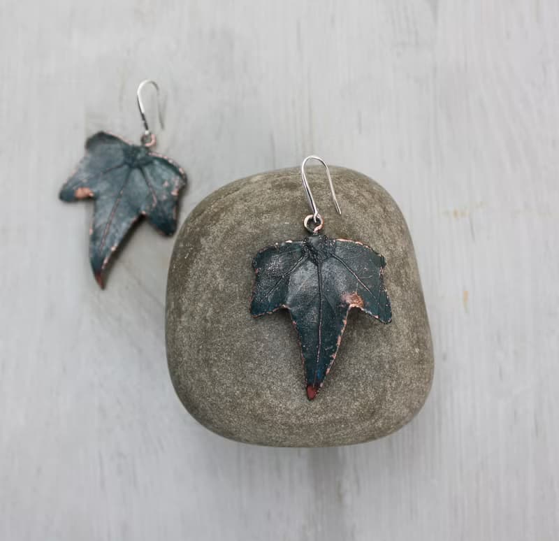 Artisan Ivy copper earrings, plant lover gift idea, silver plated, blue patina