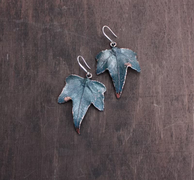 Artisan Ivy copper earrings, plant lover gift idea, silver plated, blue patina
