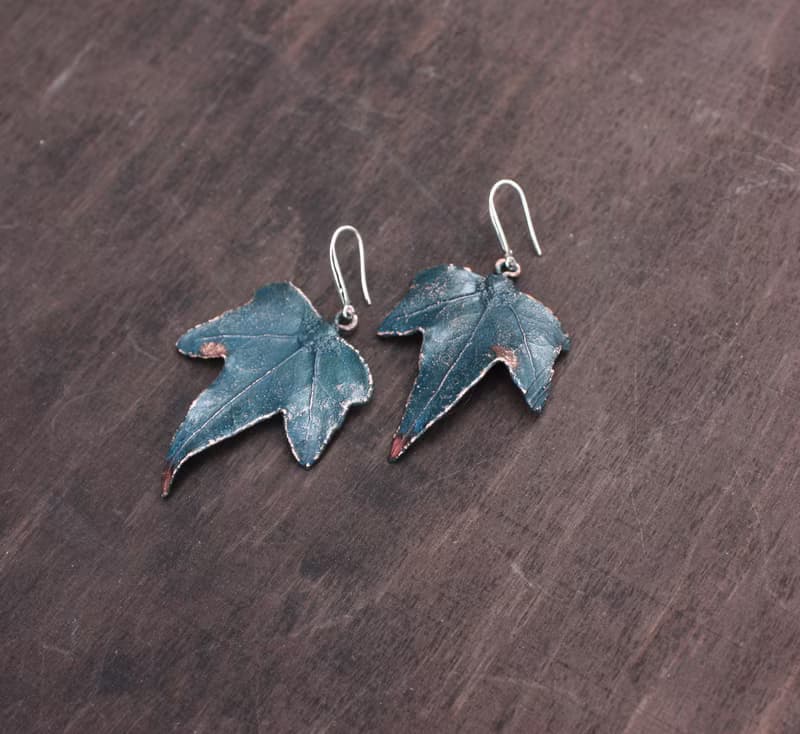 Artisan Ivy copper earrings, plant lover gift idea, silver plated, blue patina