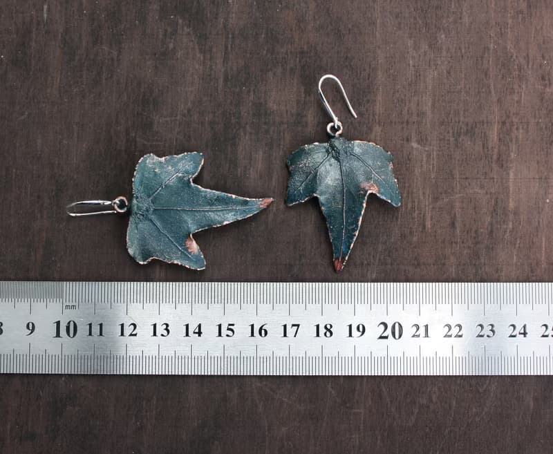 Artisan Ivy copper earrings, plant lover gift idea, silver plated, blue patina