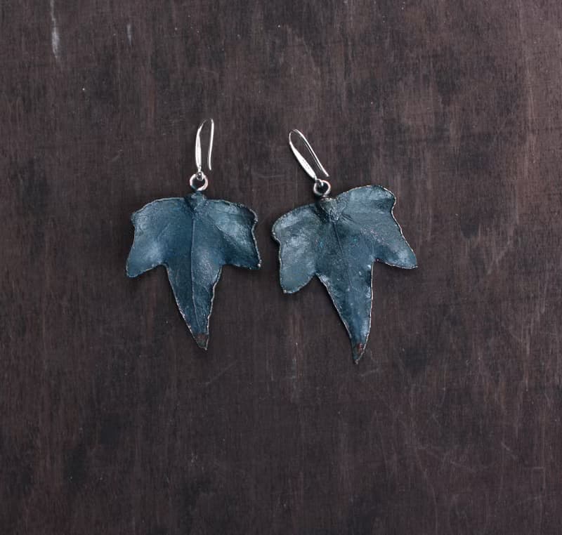 Artisan Ivy copper earrings, plant lover gift idea, silver plated, blue patina