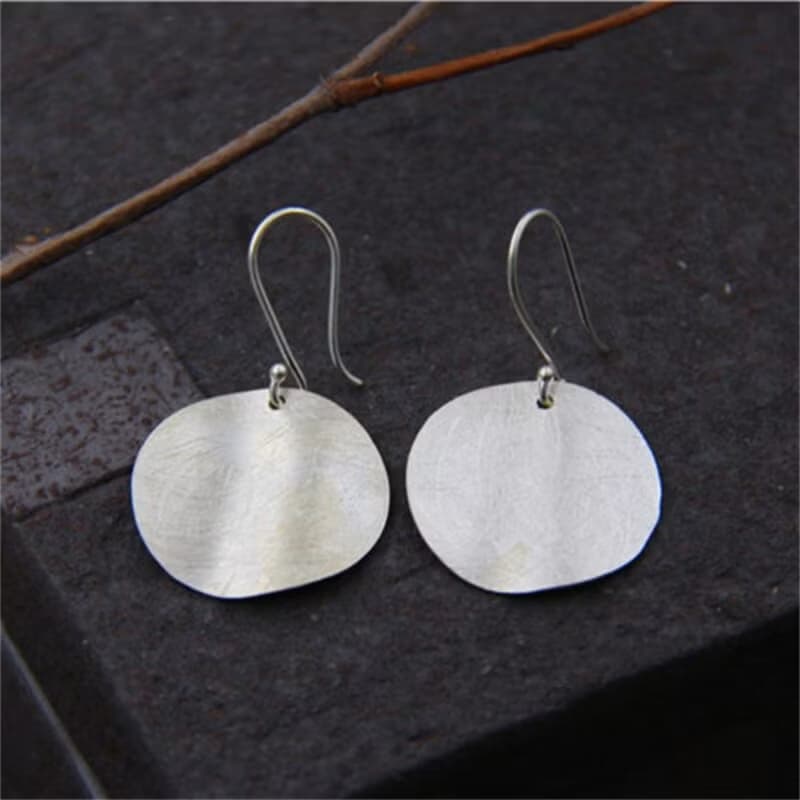 Real 925 Sterling Silver Handmade Round Plate Dangle Earrings Women Simple