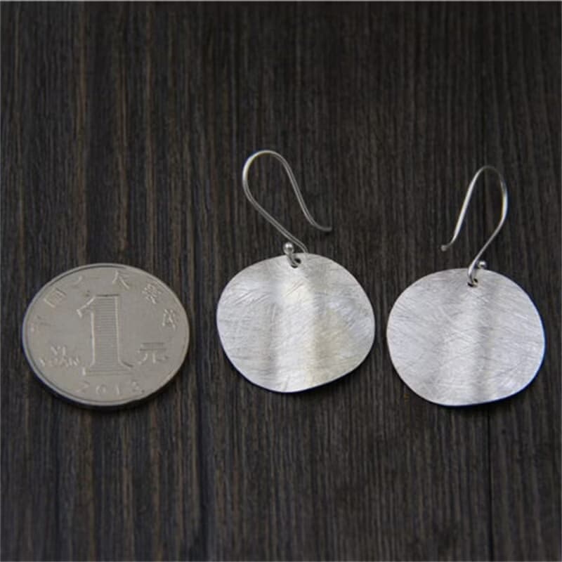 Real 925 Sterling Silver Handmade Round Plate Dangle Earrings Women Simple