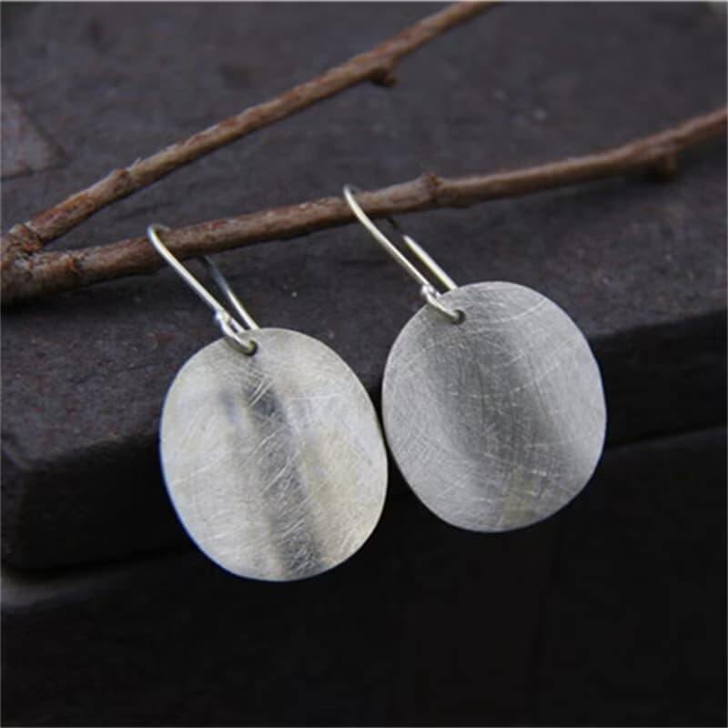Real 925 Sterling Silver Handmade Round Plate Dangle Earrings Women Simple